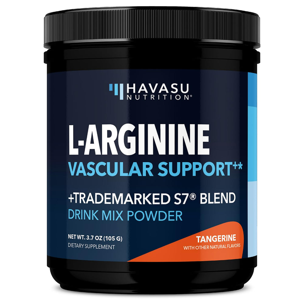 HAVASU NUTRITION L-Arginine Powder Tangerine flavor bottle supports endurance during workouts.