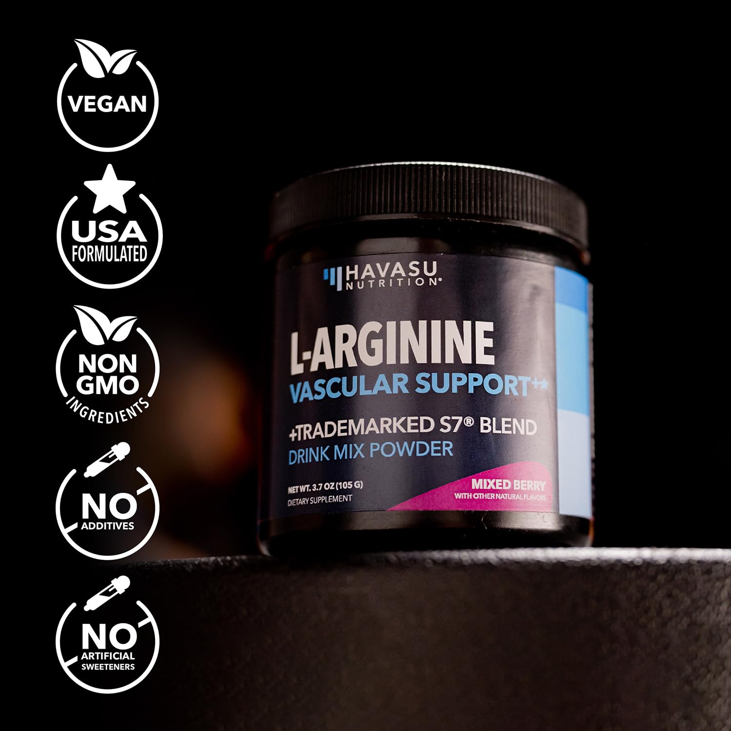HAVASU NUTRITION L-Arginine Powder unflavored version shown ideal for adding to drinks without altering taste