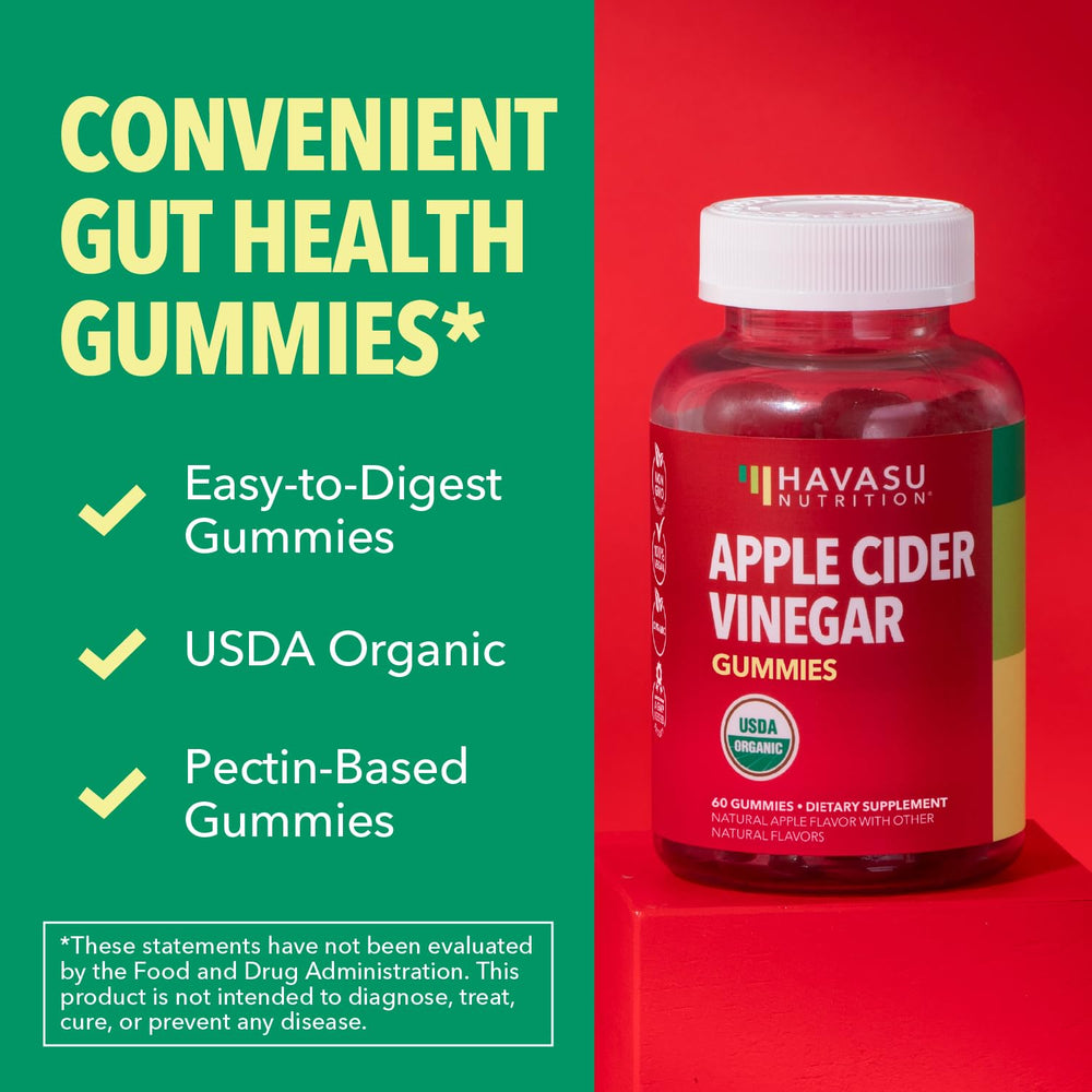 HAVASU Nutrition Apple Cider Vinegar Gummies bottle label highlights organic ACV source