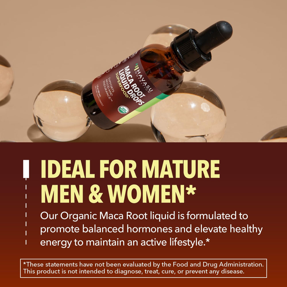 HAVASU NUTRITION Maca Liquid Drops pour into glass for easy dosing.