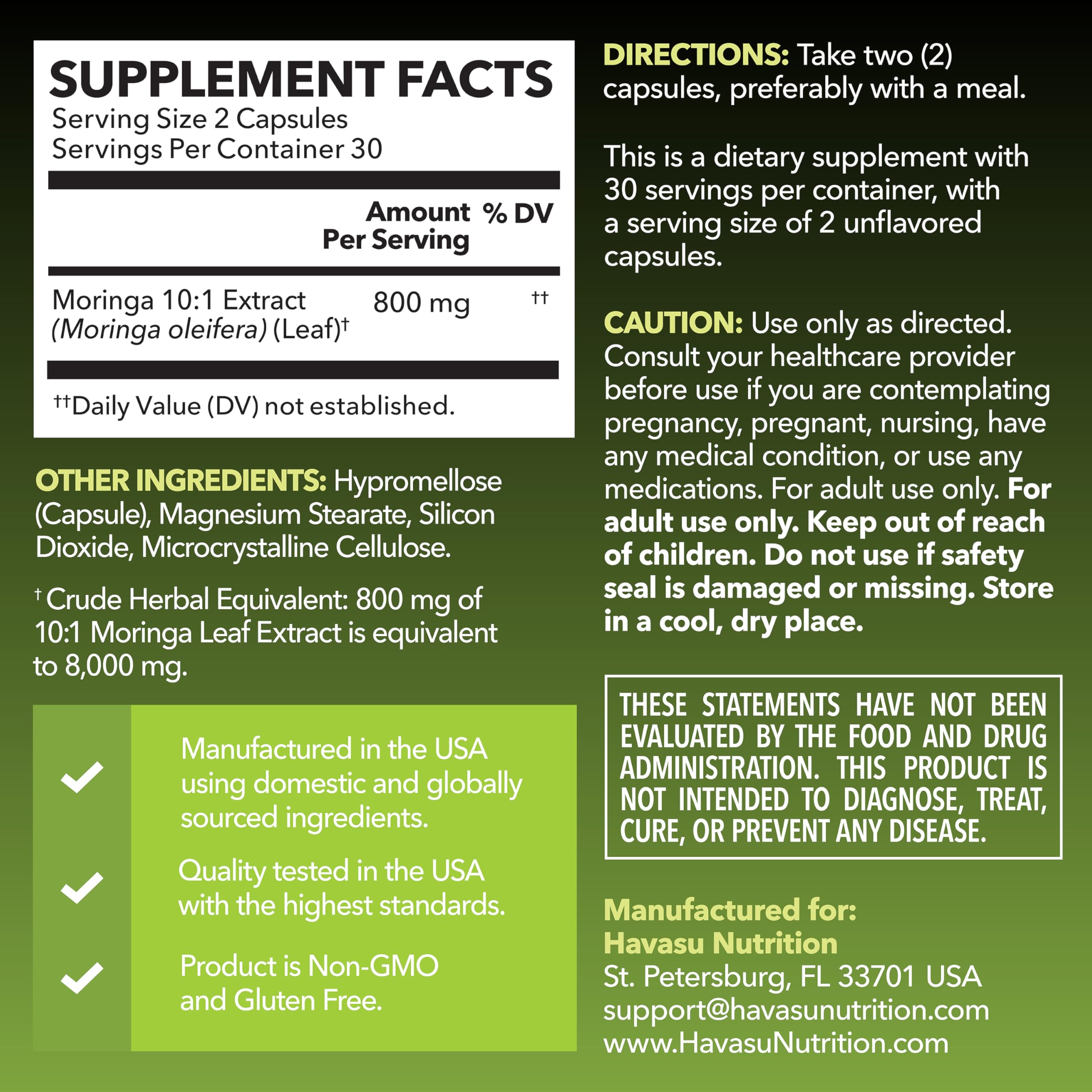 HAVASU NUTRITION Moringa Capsules capsules close-up shows potency and easy two-capsule serving.