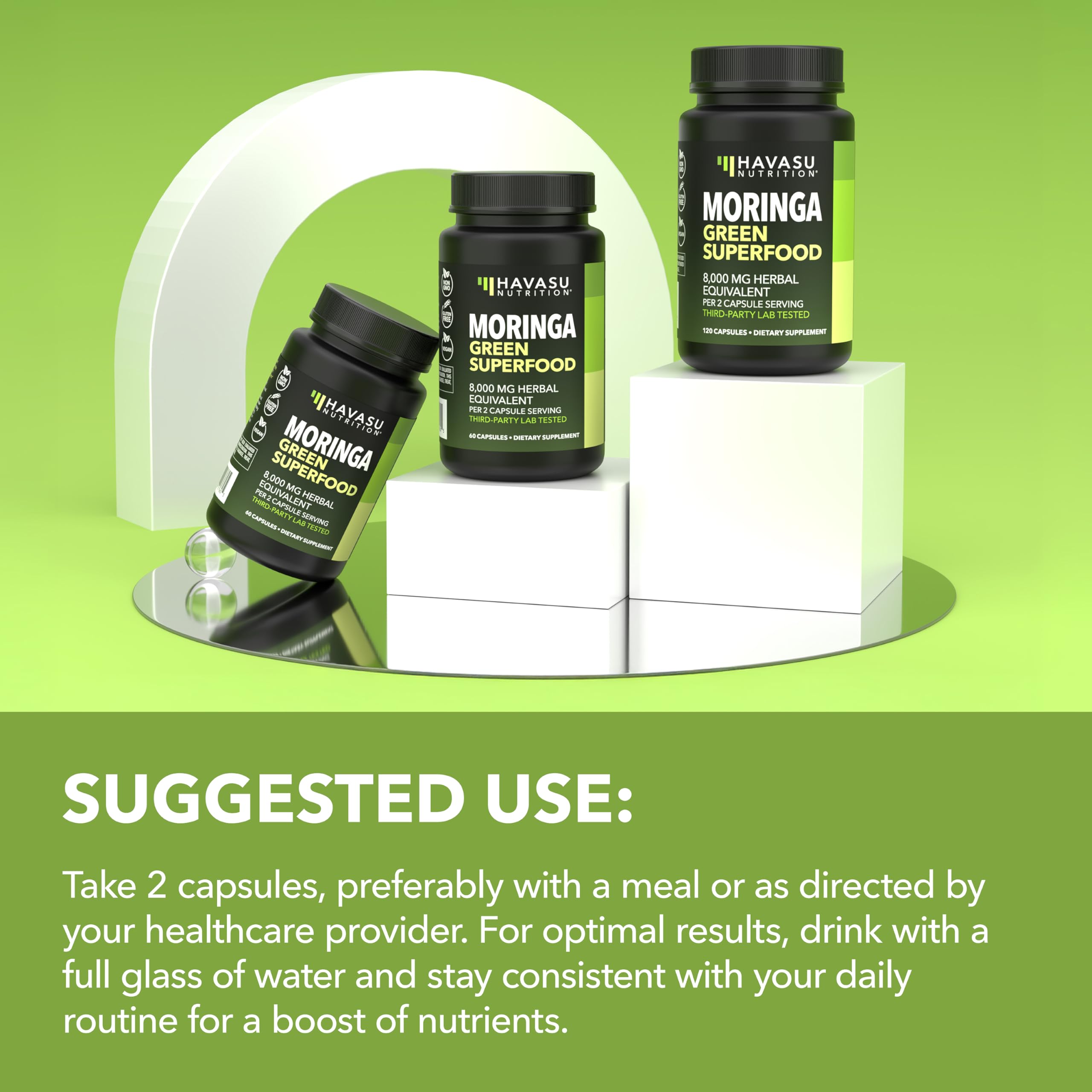 HAVASU NUTRITION Moringa Capsules glass of water scene suggests easy routine integration.