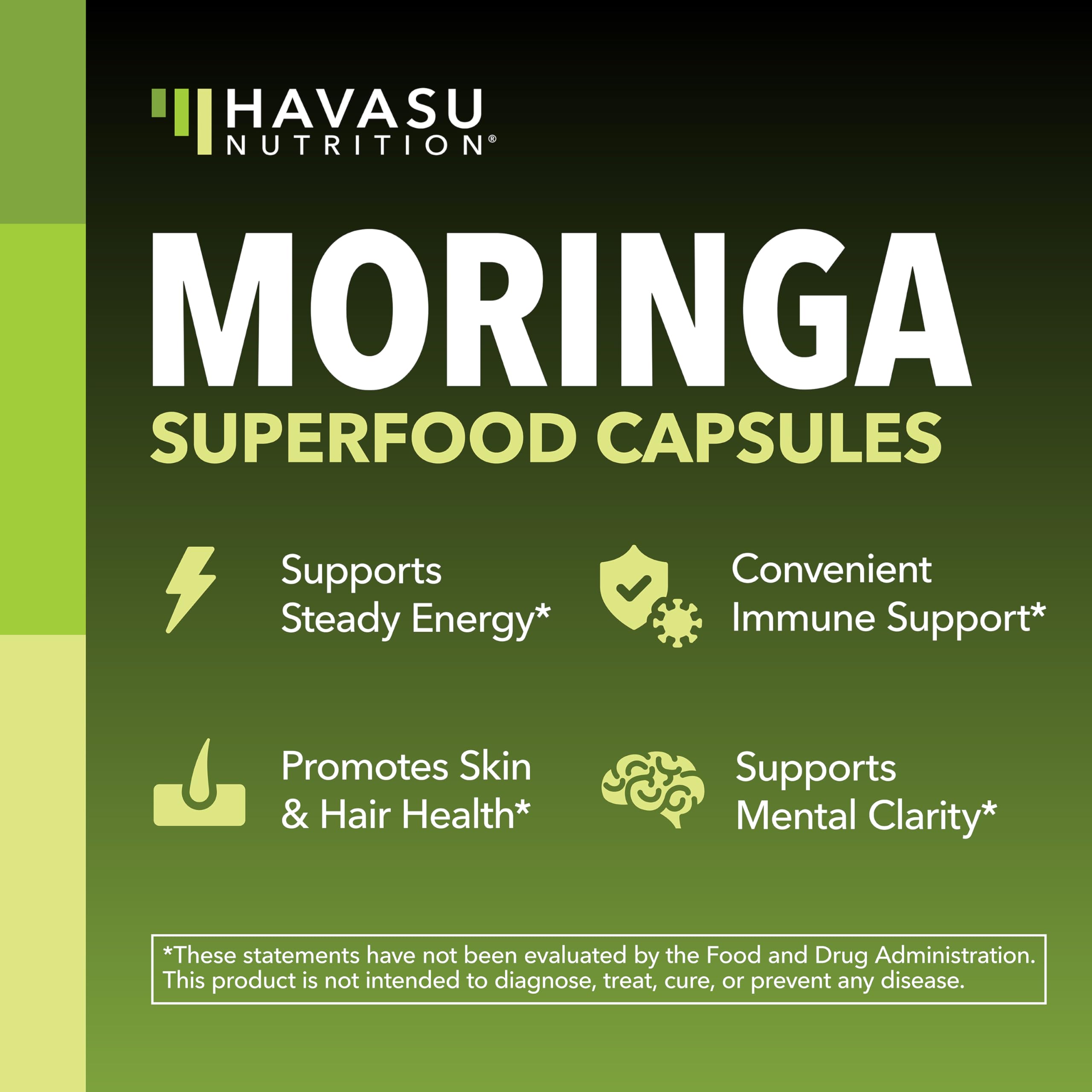 HAVASU NUTRITION Moringa Capsules label detail highlights 10:1 extract and ingredients.