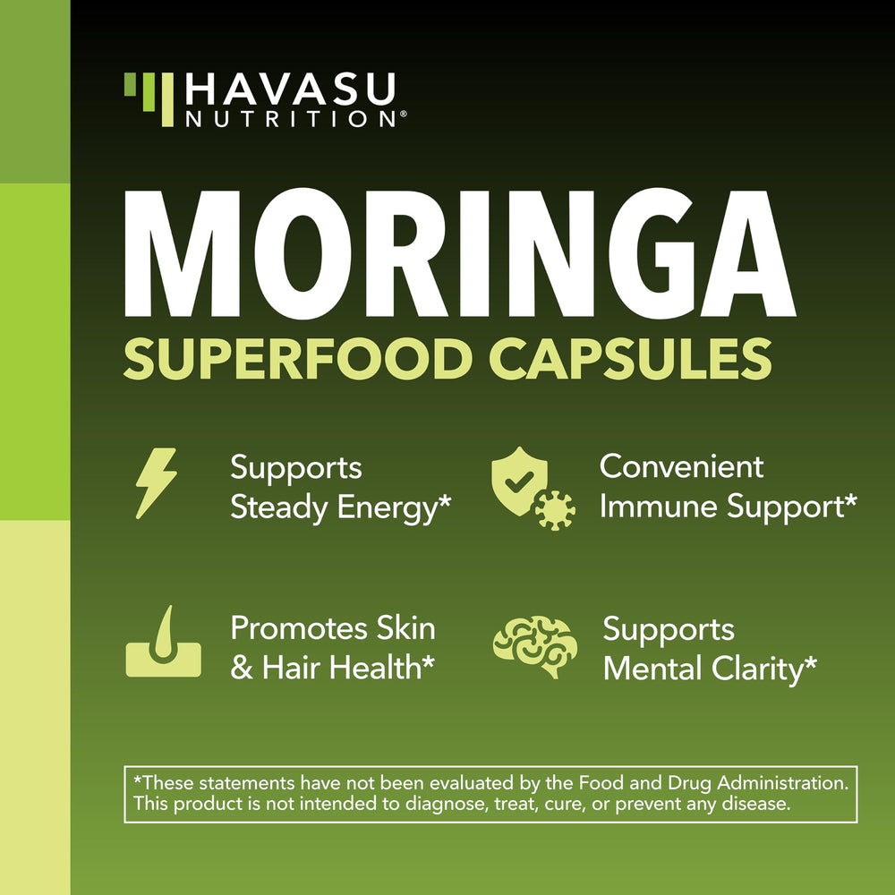 HAVASU NUTRITION Moringa Capsules label detail highlights 10:1 extract and ingredients.