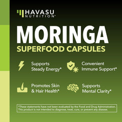 HAVASU NUTRITION Moringa Capsules label detail highlights 10:1 extract and ingredients.