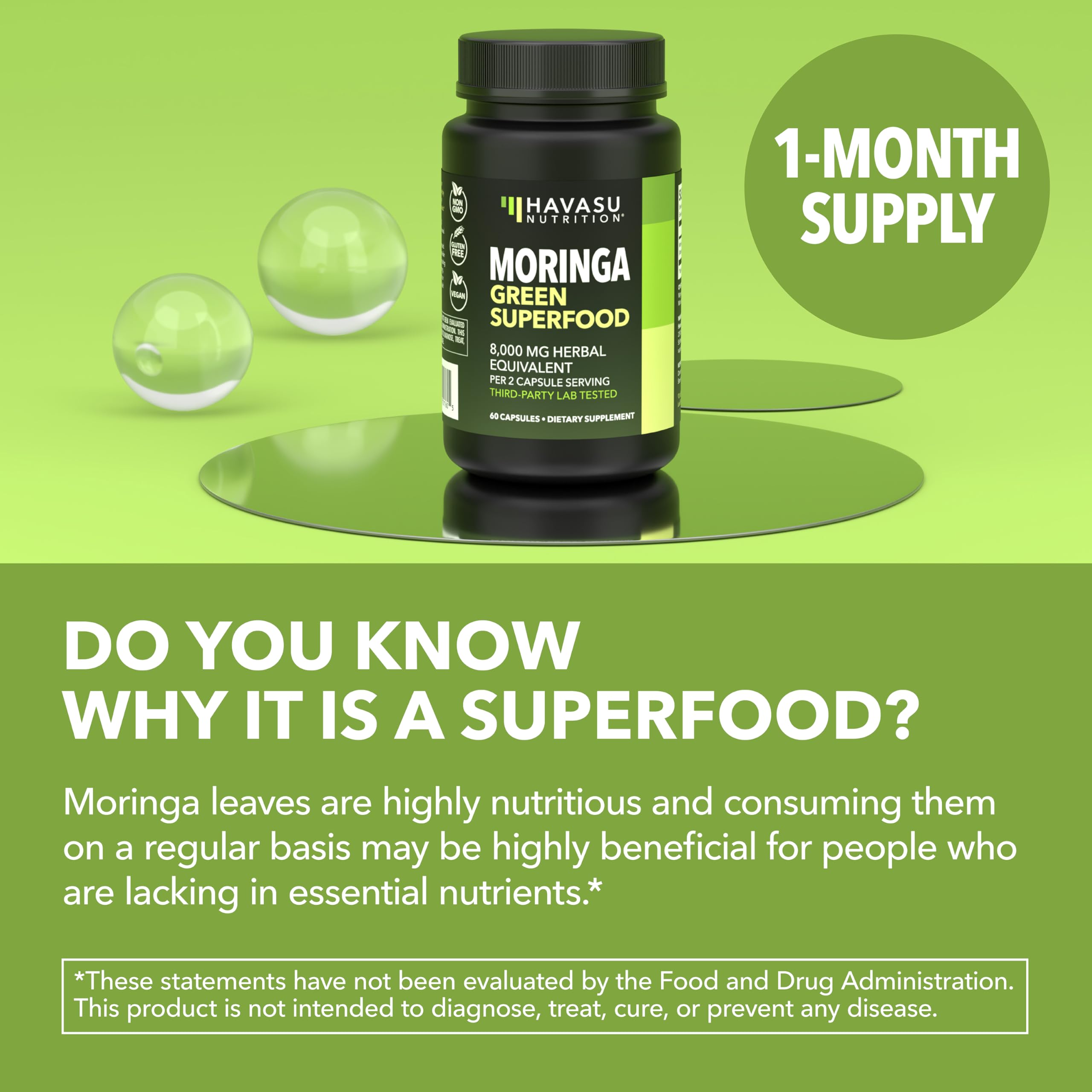 HAVASU NUTRITION Moringa Capsules leaf powder close-up hints at antioxidant content.