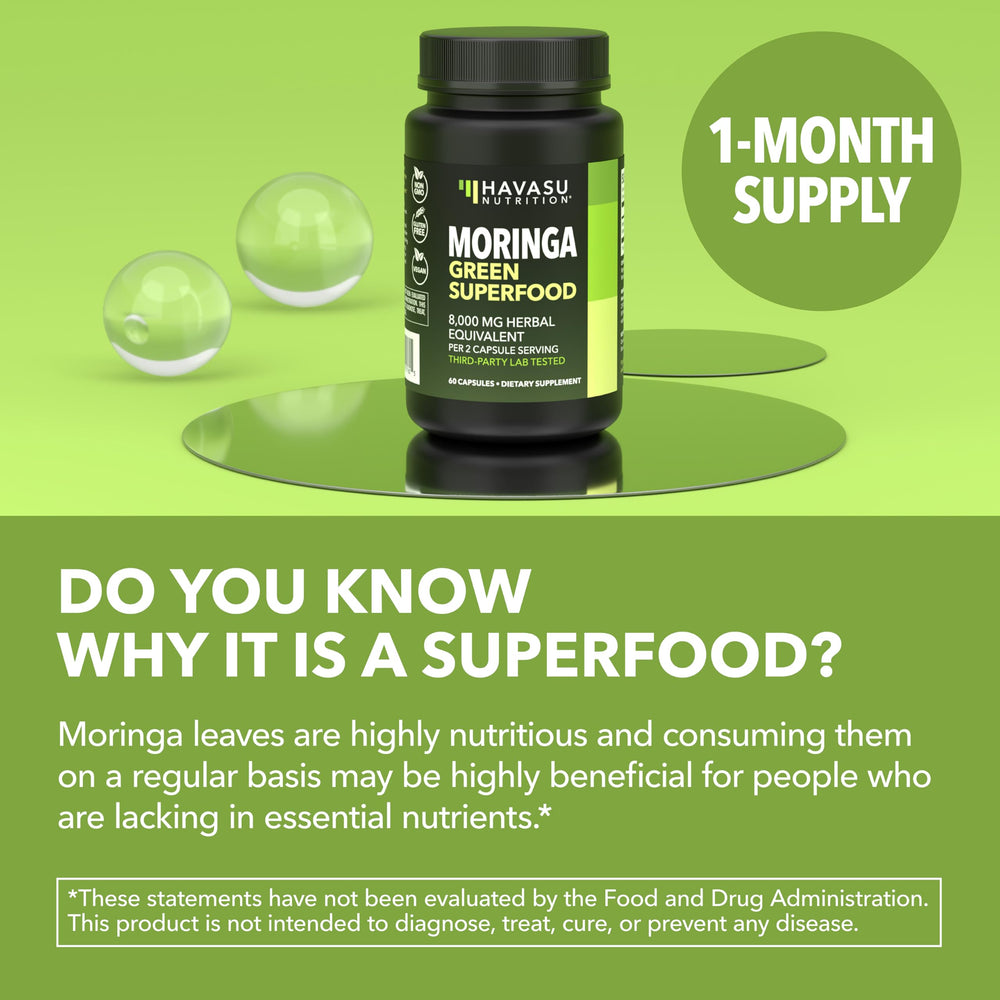 HAVASU NUTRITION Moringa Capsules leaf powder close-up hints at antioxidant content.