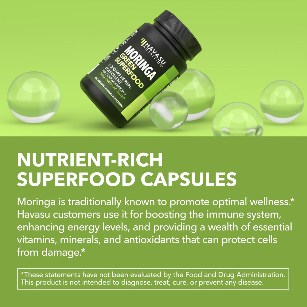 HAVASU NUTRITION Moringa Capsules packaging emphasizes vegan, gluten-free formula.
