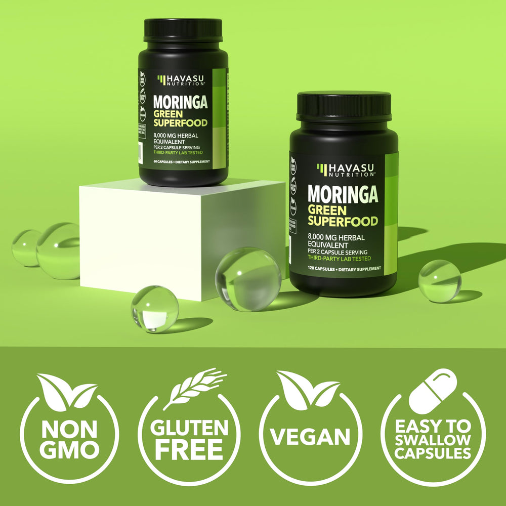 HAVASU NUTRITION Moringa Capsules vegan symbol highlights plant-based wellness.