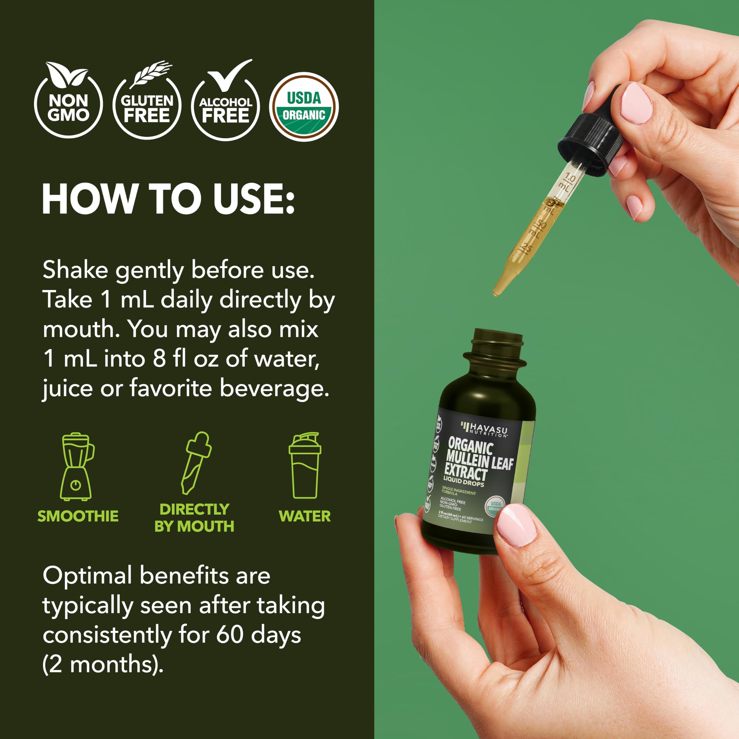 Alcohol-free vegan formula and quality checks in Mullein Drops