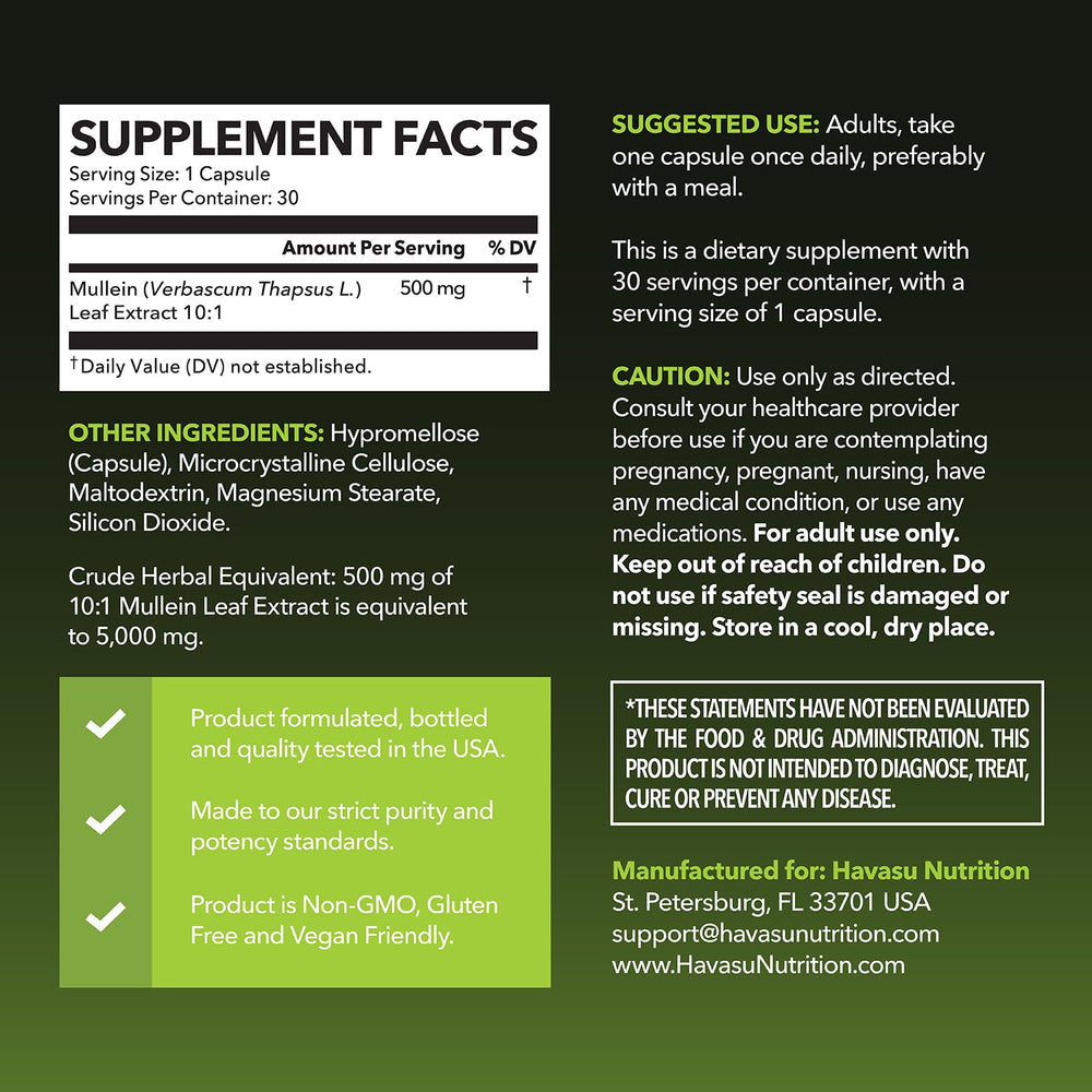 Packaging highlights vegan, non-GMO mullein formula for wellness.