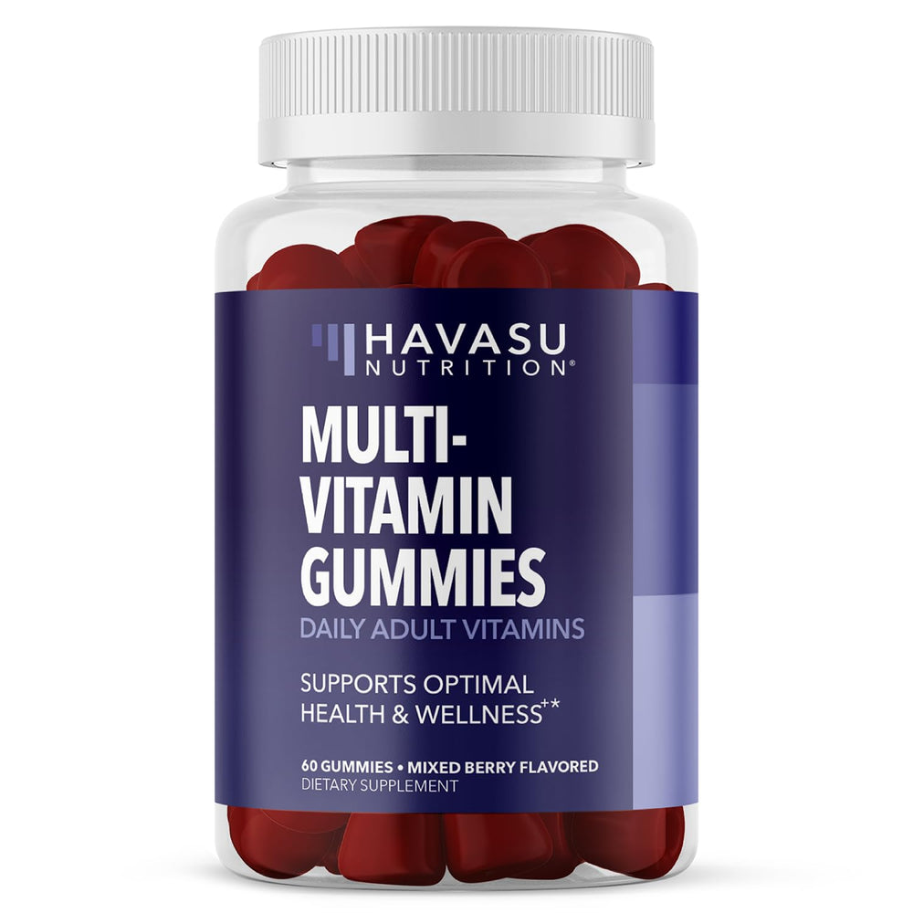 HAVASU Nutrition multivitamin gummies bottle front shows essential nutrients for daily wellness.