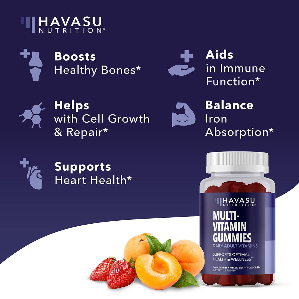 HAVASU Nutrition multivitamin gummies closeup with chewy texture and color.