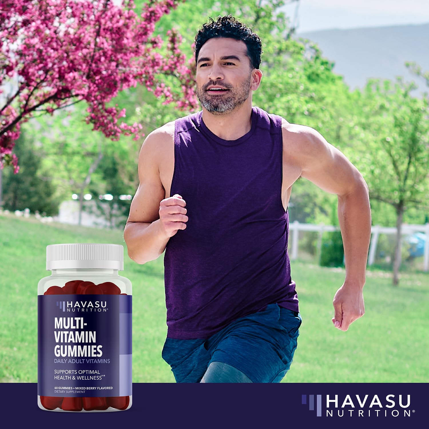 HAVASU Nutrition multivitamin gummies colorful vitamins inside bottle suggesting benefits.