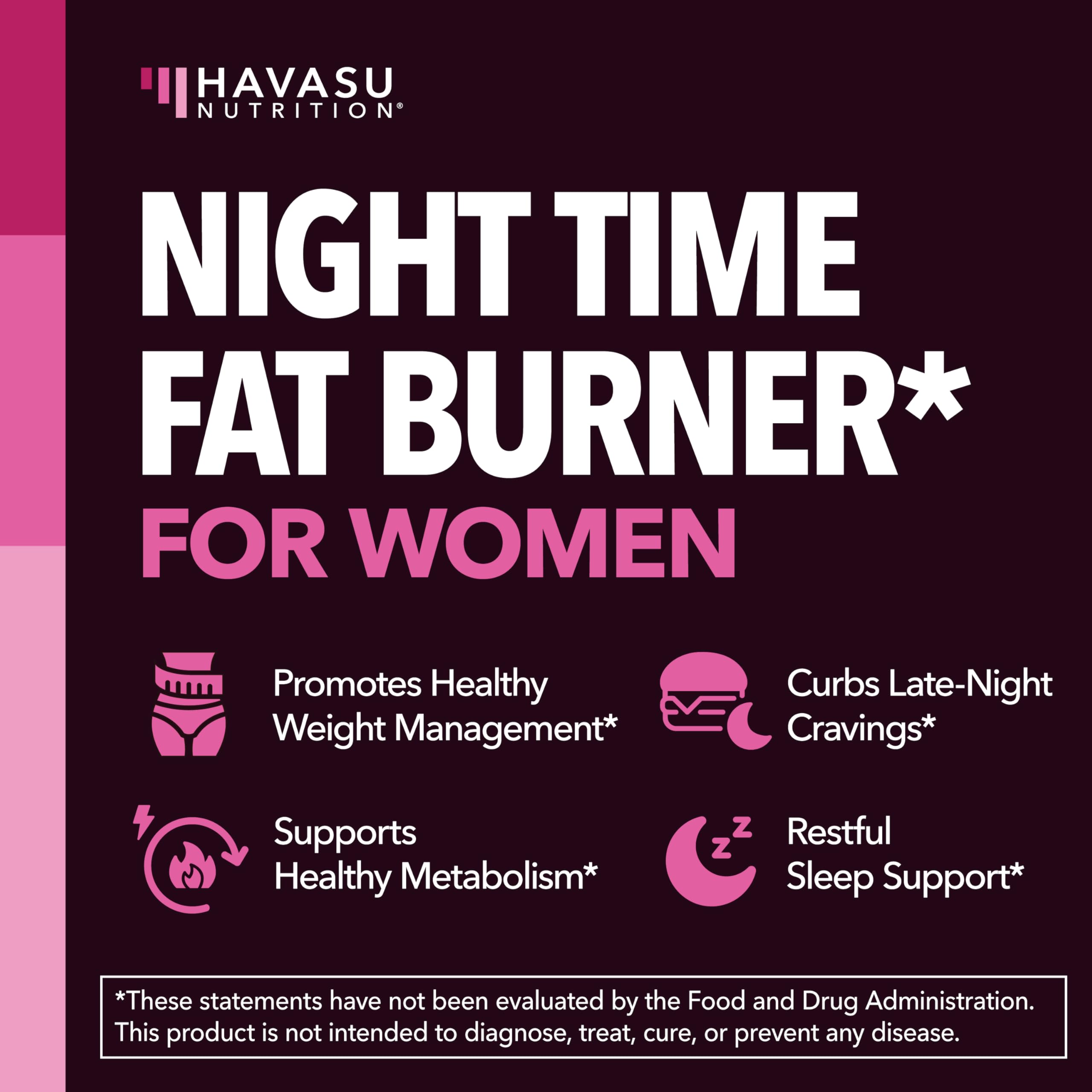 HAVASU NUTRITION Night Time Fat Burner bottle with glass evokes calm evening routine