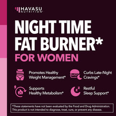 HAVASU NUTRITION Night Time Fat Burner bottle with glass evokes calm evening routine