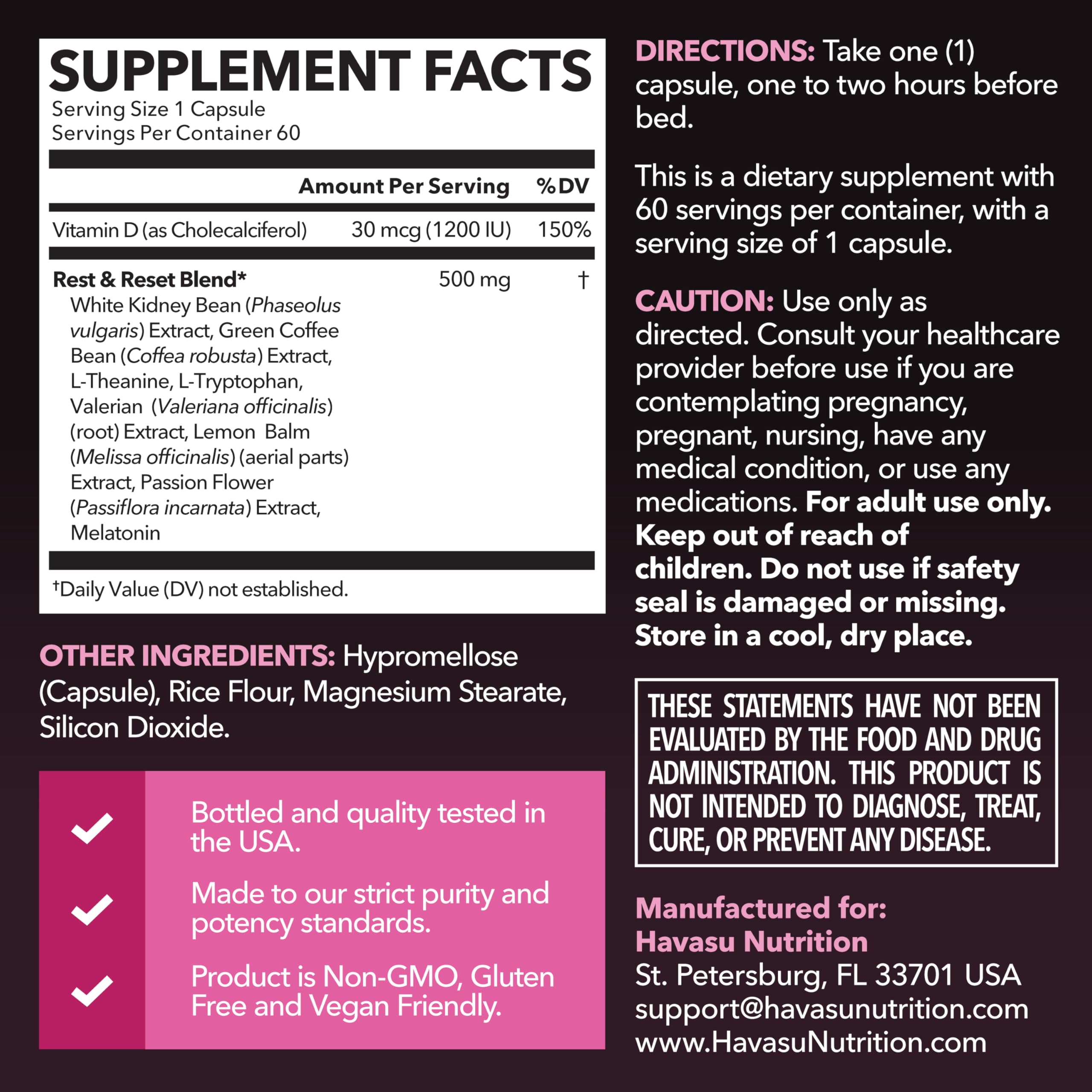 Closeup of HAVASU NUTRITION Night Time Fat Burner capsules showing vegan, non-GMO formula
