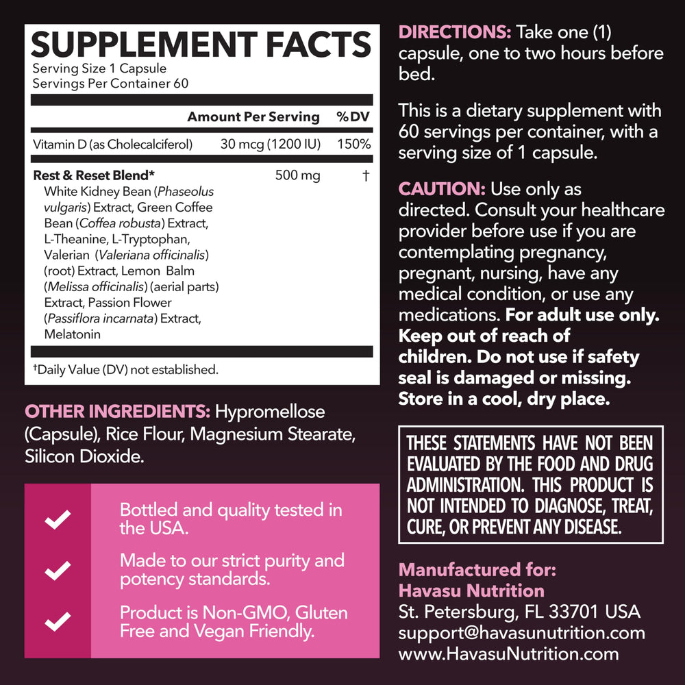 Closeup of HAVASU NUTRITION Night Time Fat Burner capsules showing vegan, non-GMO formula
