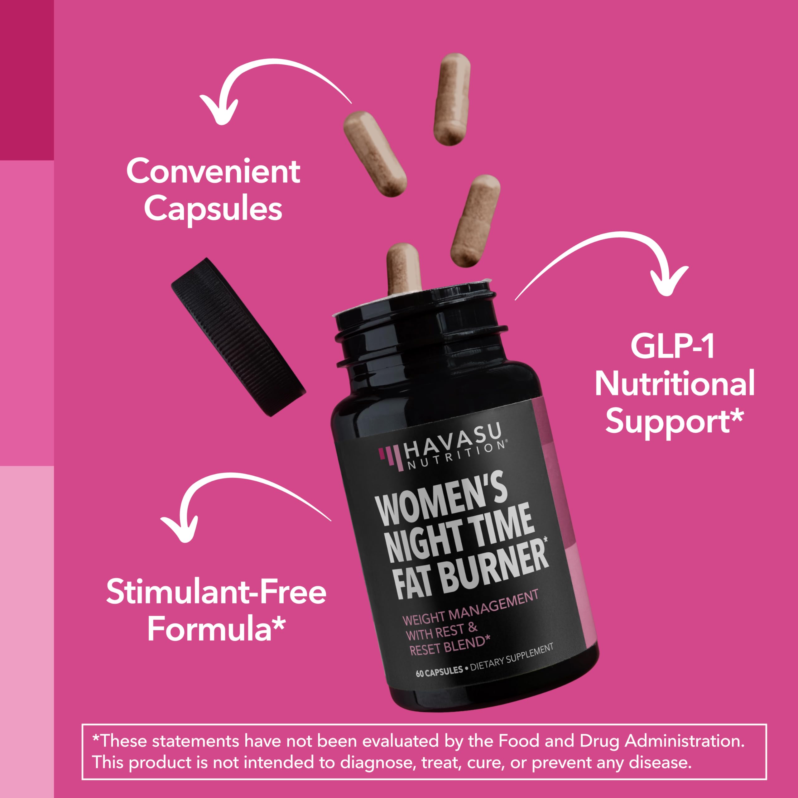 HAVASU NUTRITION Night Time Fat Burner bottle and glass near nightstand