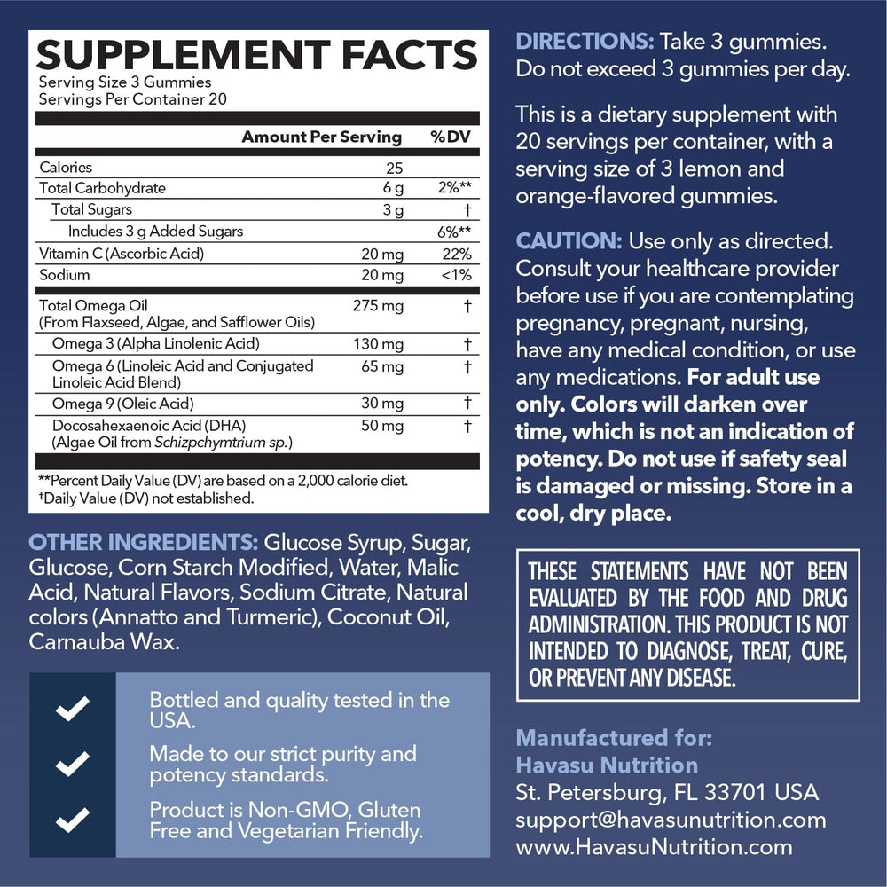 Havasu Nutrition Omega 3-6-9 + DHA gummies close-up showing citrus-flavored, gelatin-free chew