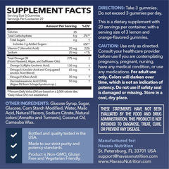 Havasu Nutrition Omega 3-6-9 + DHA gummies close-up showing citrus-flavored, gelatin-free chew