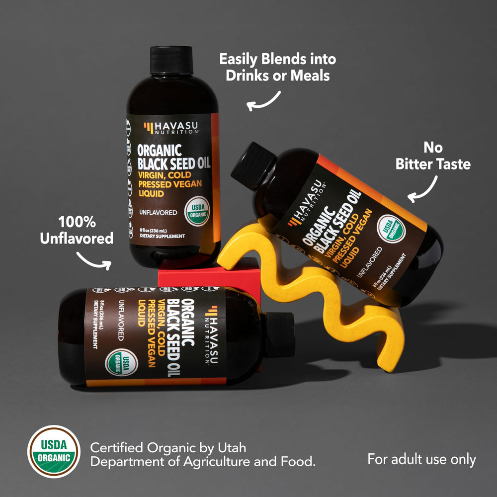 HAVASU NUTRITION Organic Black Seed Oil ingredient list highlighting cold-pressed extraction.