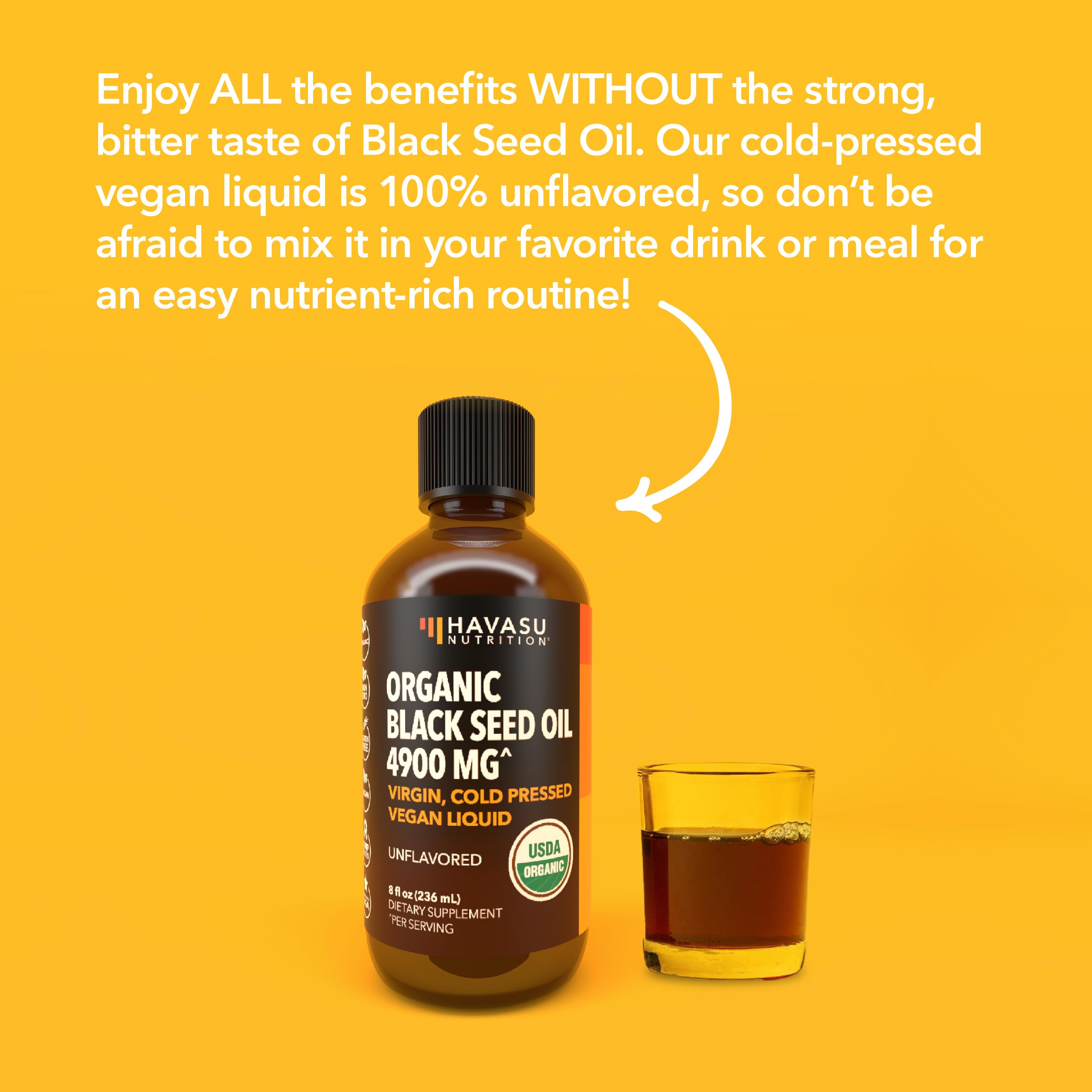 HAVASU NUTRITION Organic Black Seed Oil on kitchen counter ready for use.