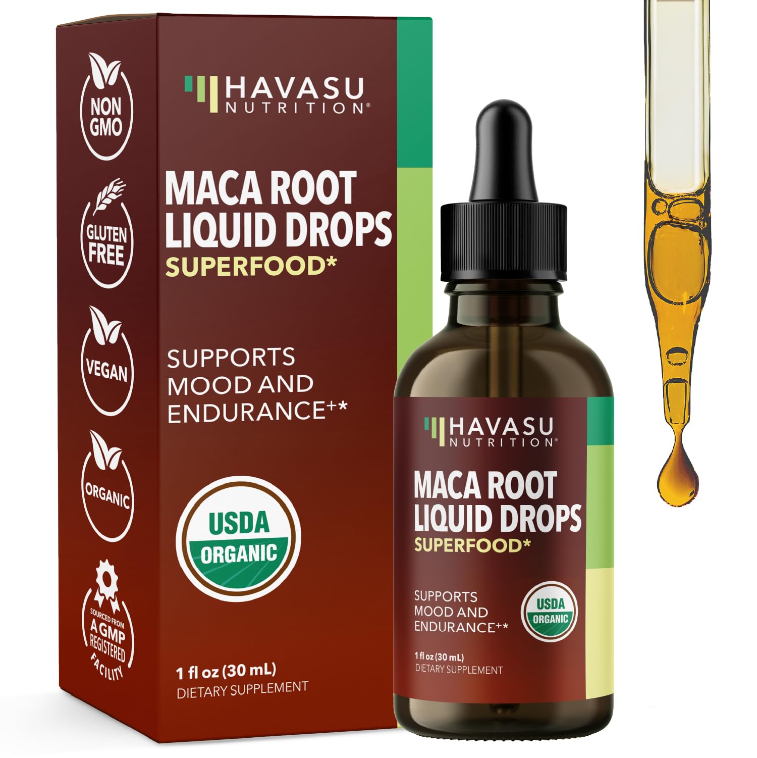HAVASU NUTRITION Organic Maca Root Liquid Drops bottle supports energy and balance.