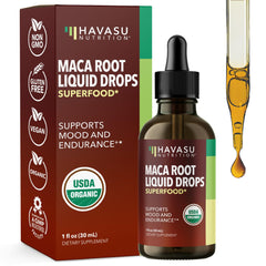 HAVASU NUTRITION Organic Maca Root Liquid Drops bottle supports energy and balance.