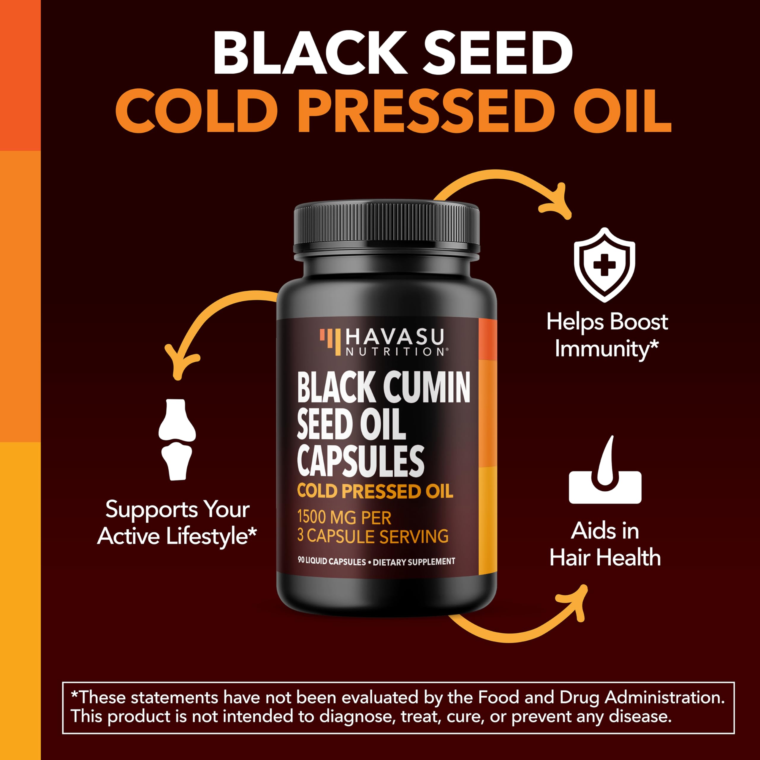 HAVASU NUTRITION Black Seed Oil Capsules box on shelf promoting healthy hair and skin.