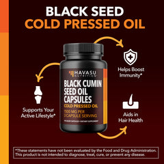 HAVASU NUTRITION Black Seed Oil Capsules box on shelf promoting healthy hair and skin.