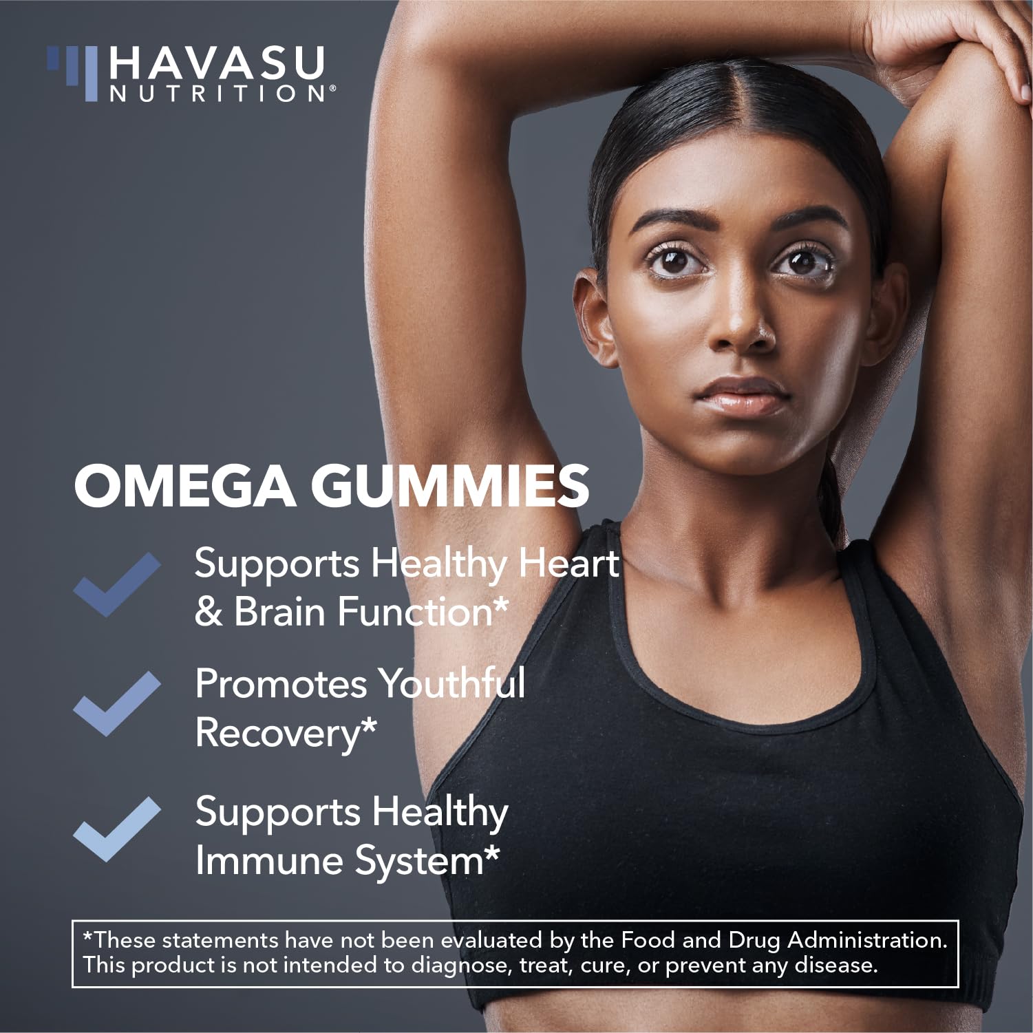 Havasu Nutrition bottle on countertop emphasizing non-fish algae and chia seed oil blend