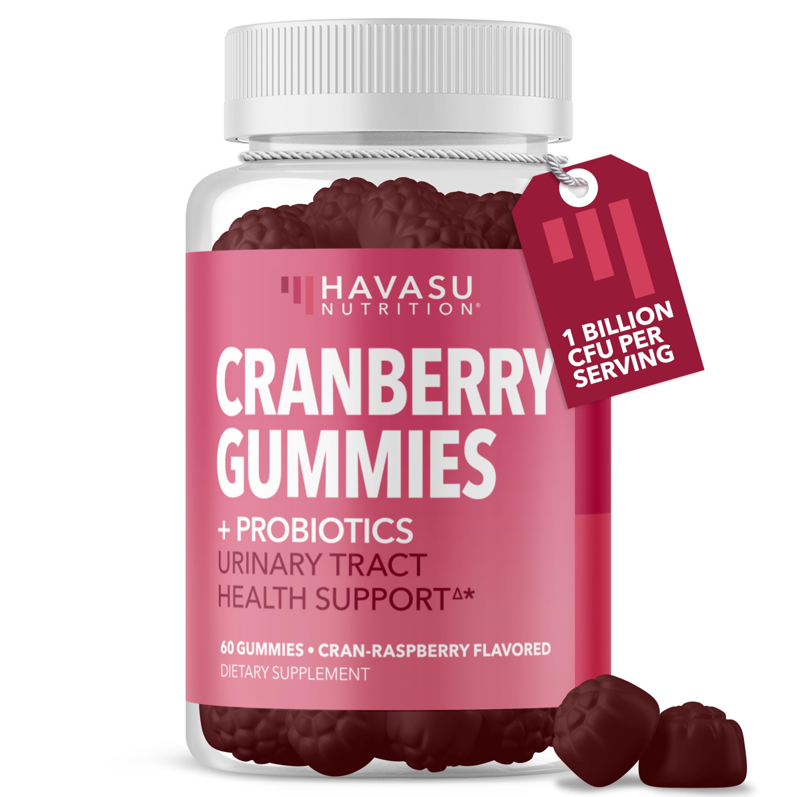 HAVASU Nutrition probiotic cranberry gummies bottle for daily urinary wellness.