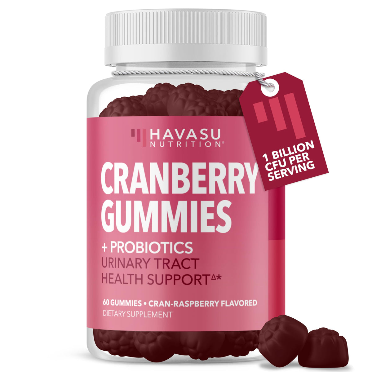 HAVASU Nutrition probiotic cranberry gummies bottle for daily urinary wellness.
