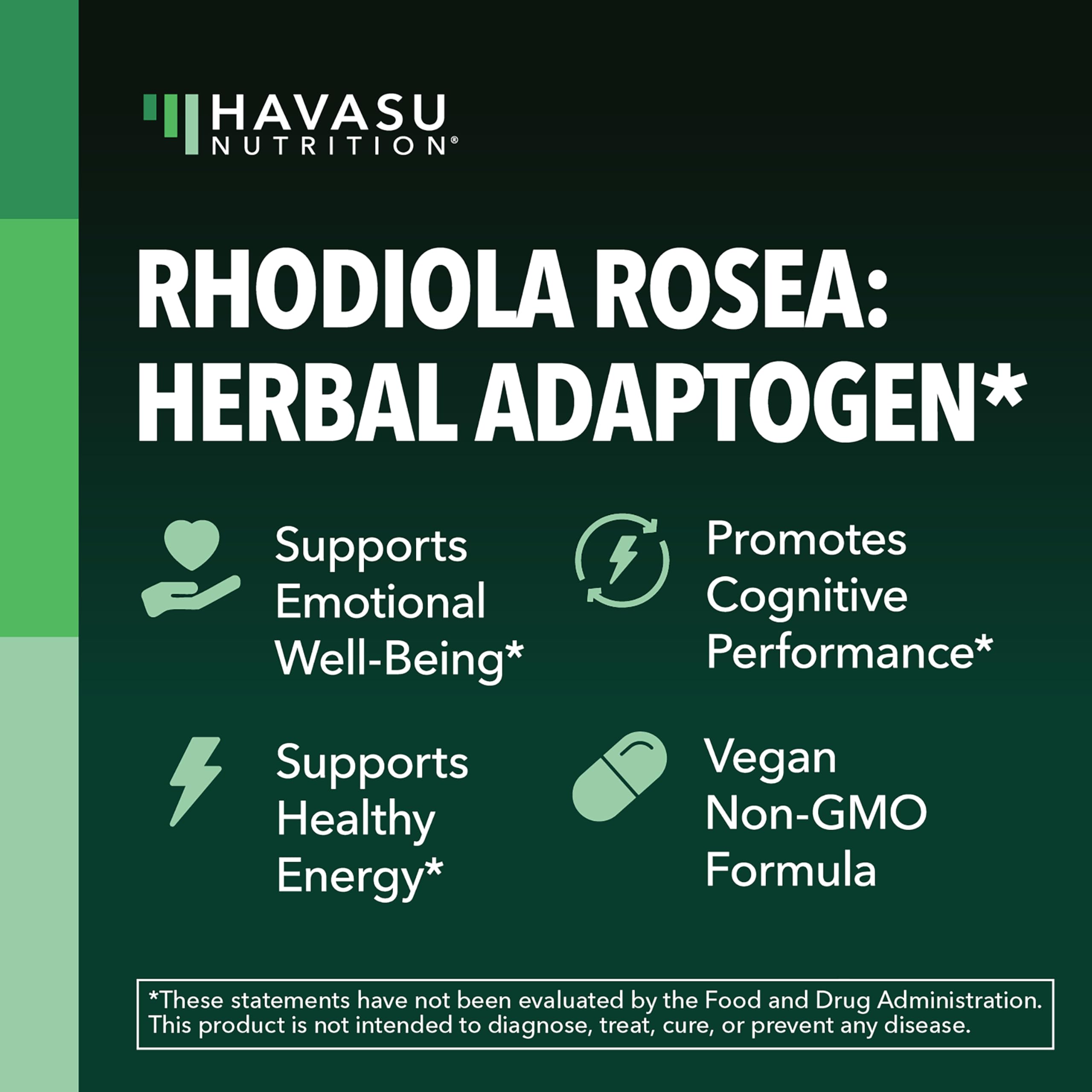 HAVASU Rhodiola Rosea bottle on a retail shelf with vegan and gluten-free badges