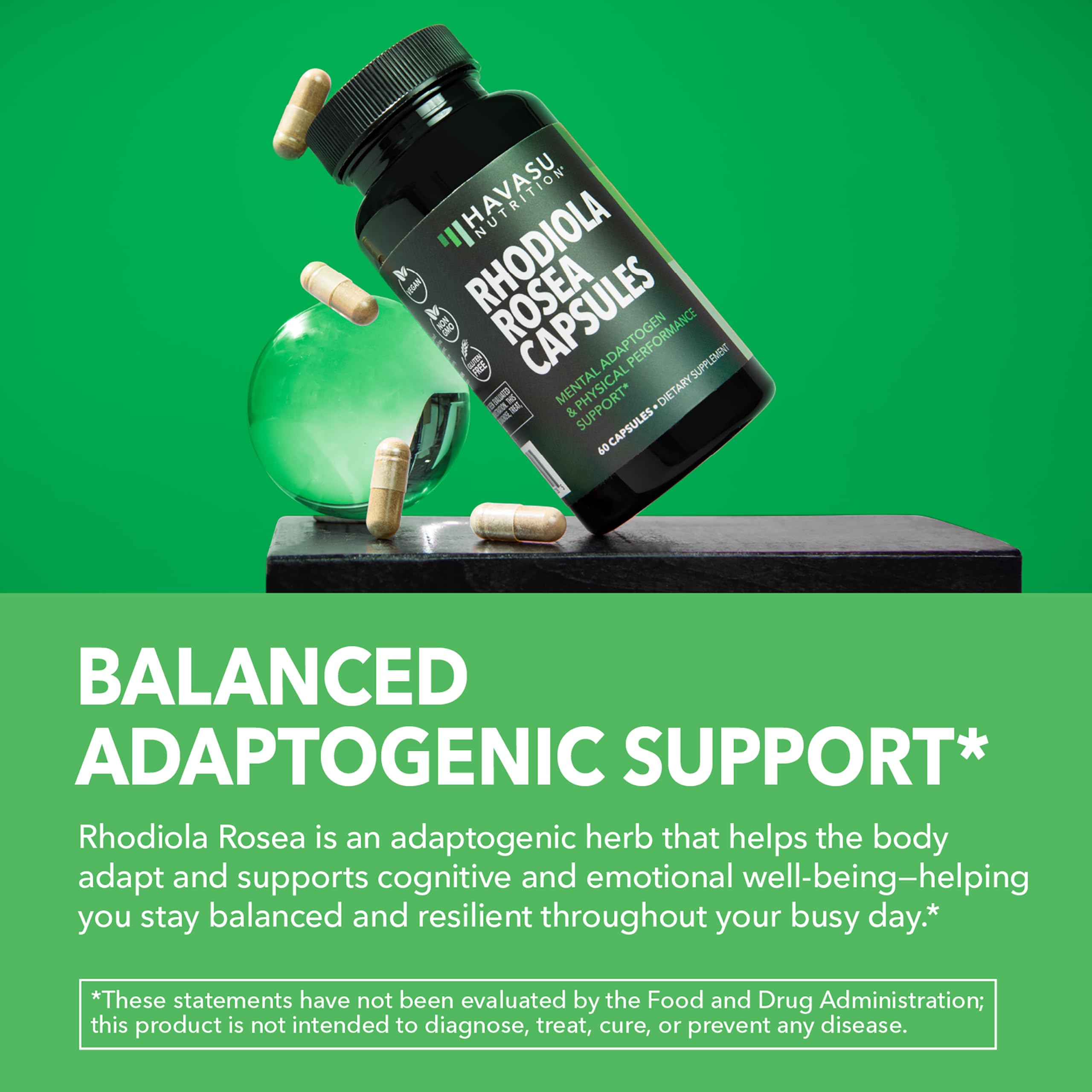 HAVASU NUTRITION Rhodiola Rosea bottle shown on a table for daily use.