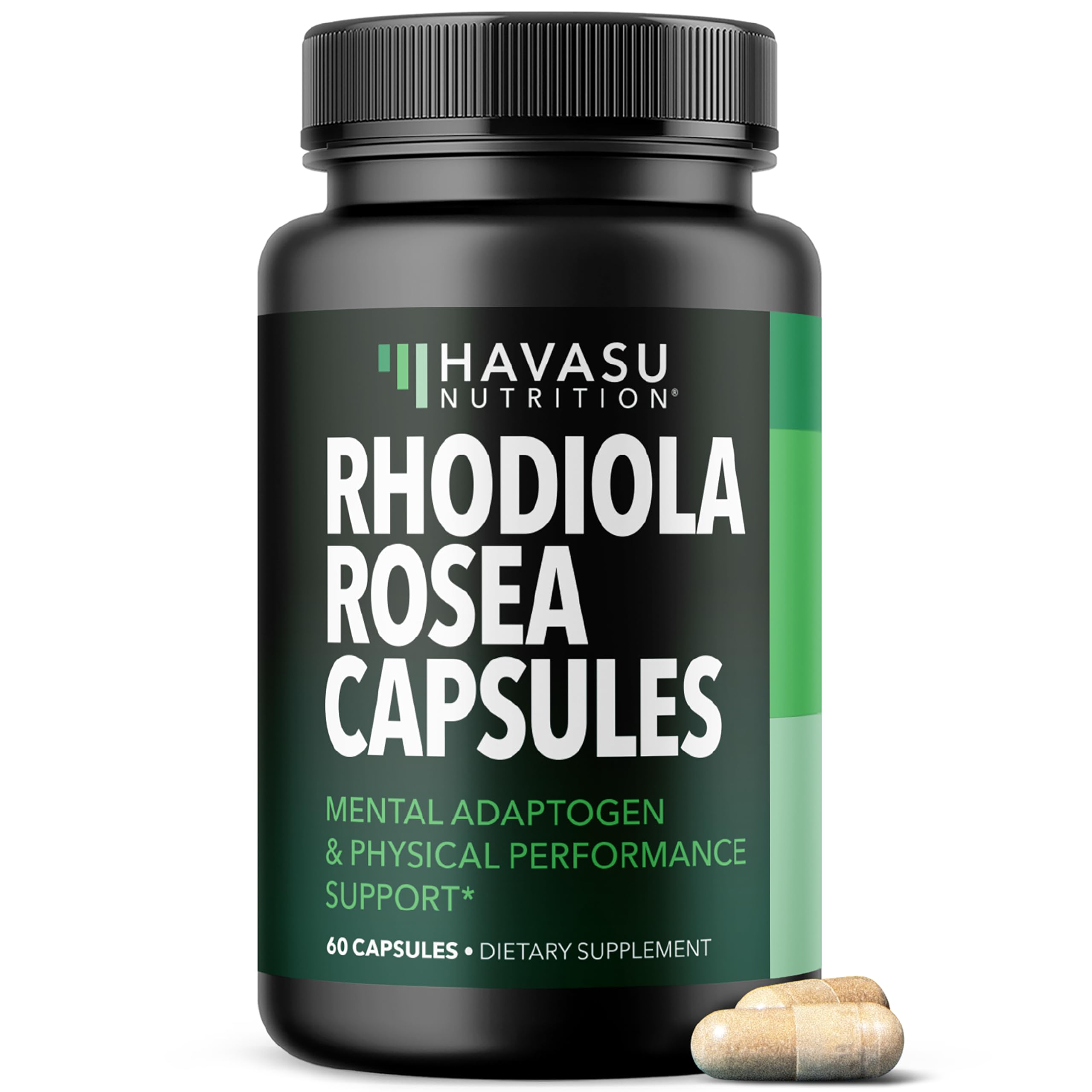 HAVASU NUTRITION Rhodiola Rosea bottle with label highlighting 60 vegan capsules for daily support.