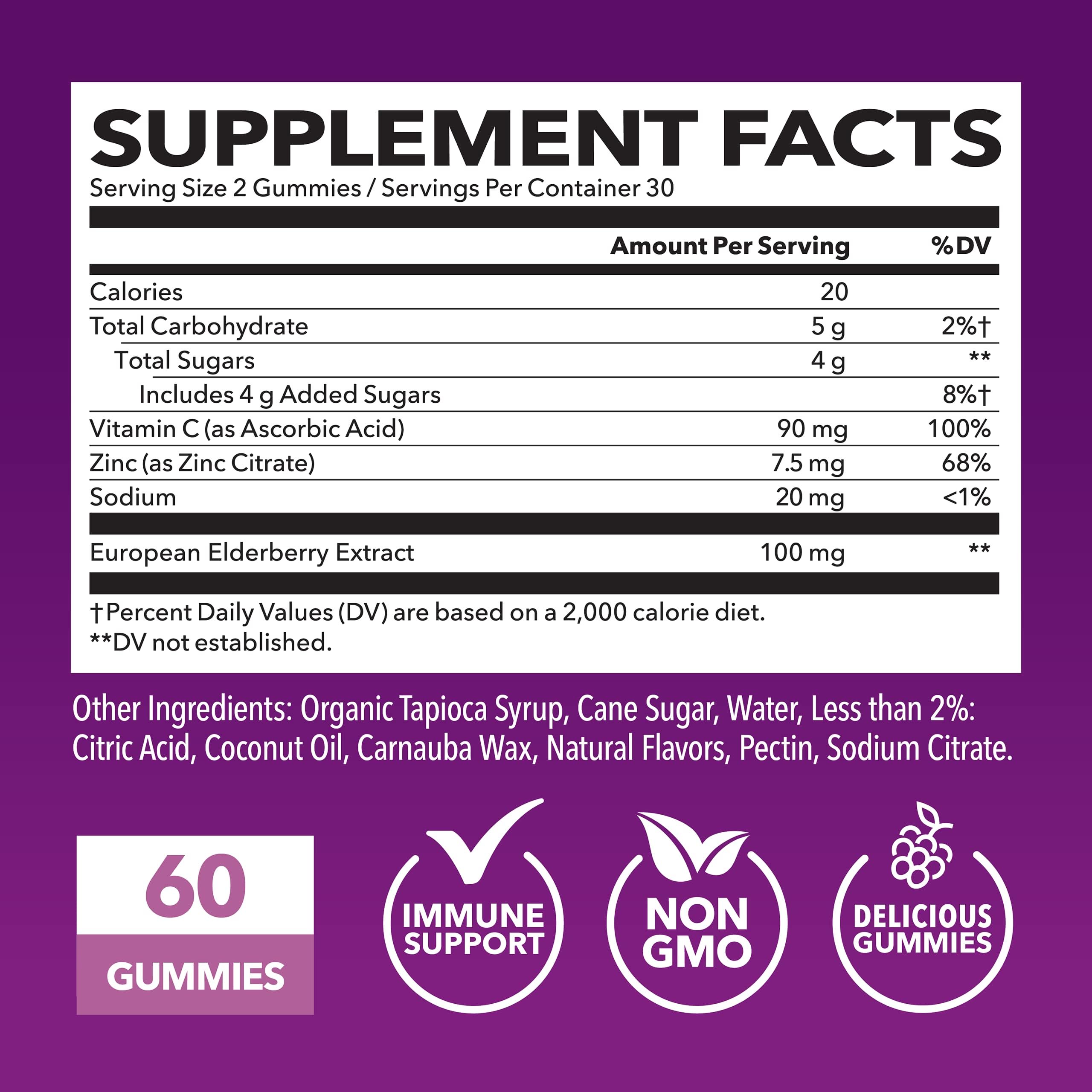 HAVASU NUTRITION Sambucus Elderberry Gummies bottle back reveals ingredients and vitamin C and zinc