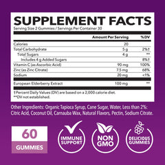 HAVASU NUTRITION Sambucus Elderberry Gummies bottle back reveals ingredients and vitamin C and zinc