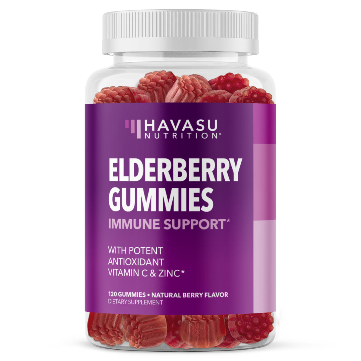 HAVASU NUTRITION Sambucus Elderberry Gummies bottle front showing berry-flavored daily support
