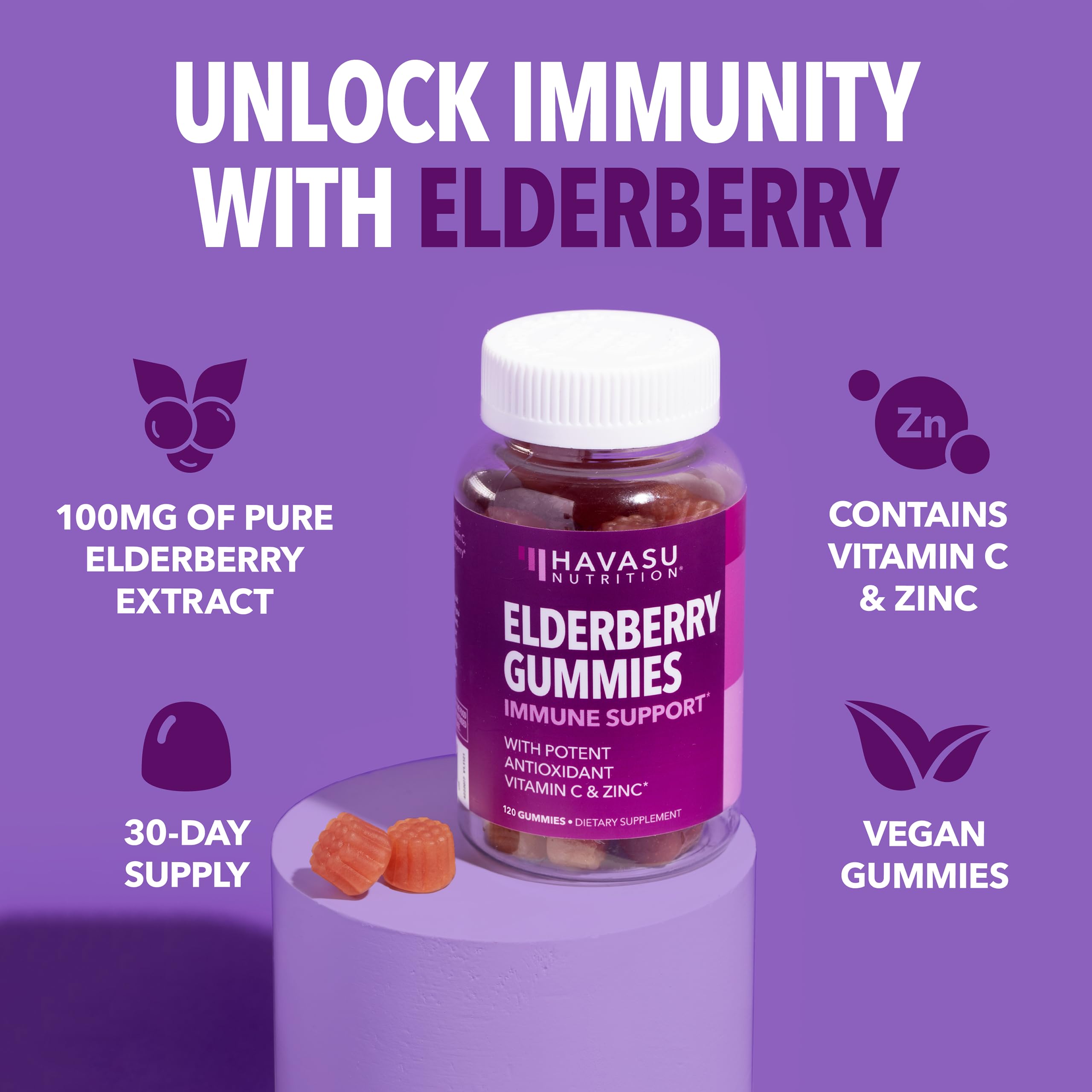 Sambucus elderberry gummies ingredients panel highlighting elderberry, vitamin C, and zinc
