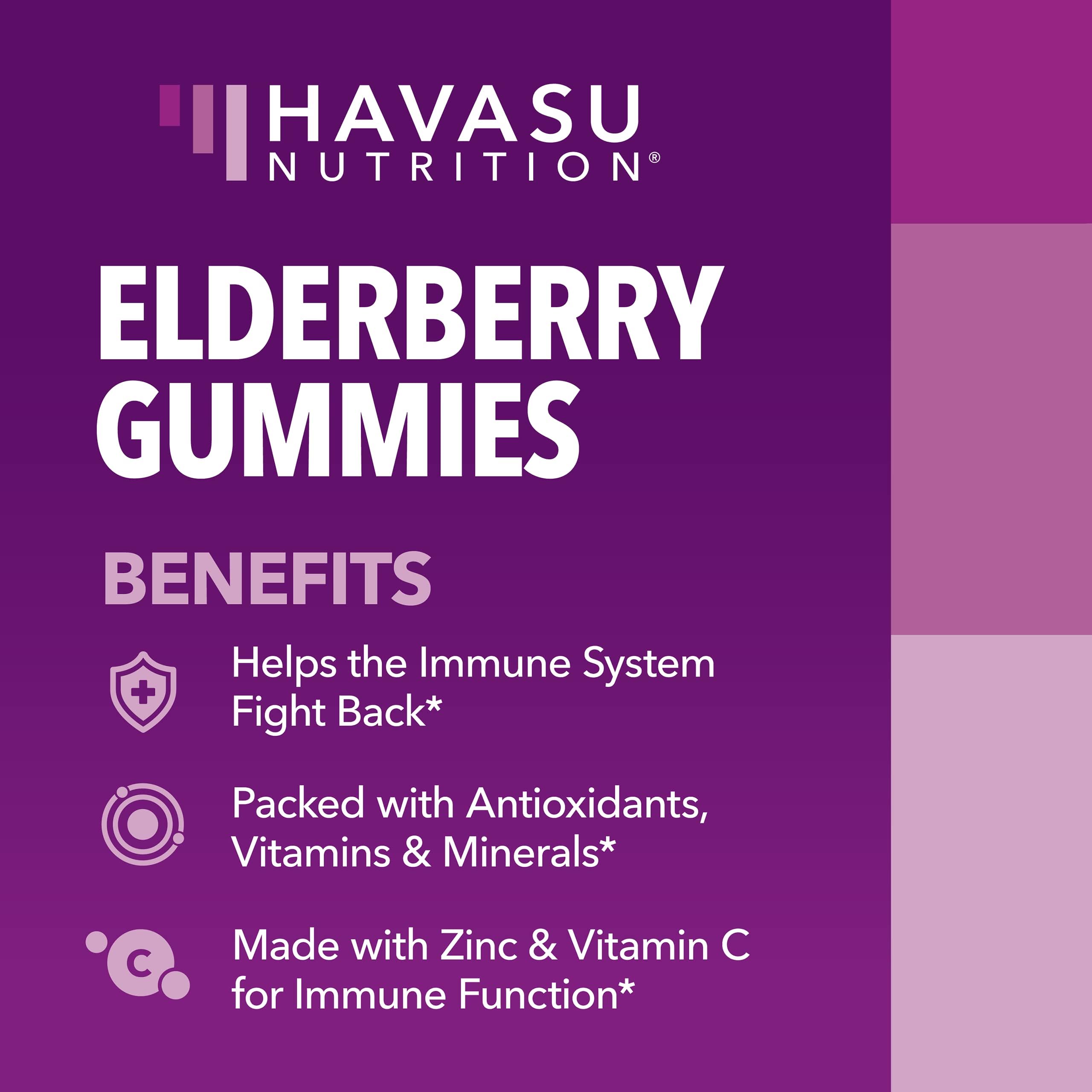 HAVASU NUTRITION Sambucus Gummies label highlights quality and GMP testing
