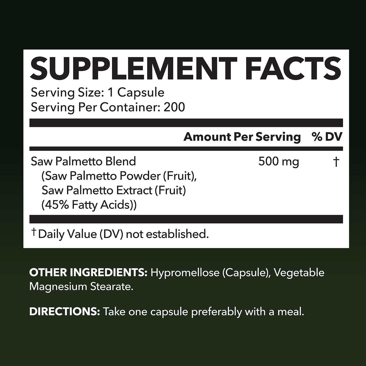 HAVASU NUTRITION Saw Palmetto bottle back details 500 mg per serving and vegan, non-GMO formula.