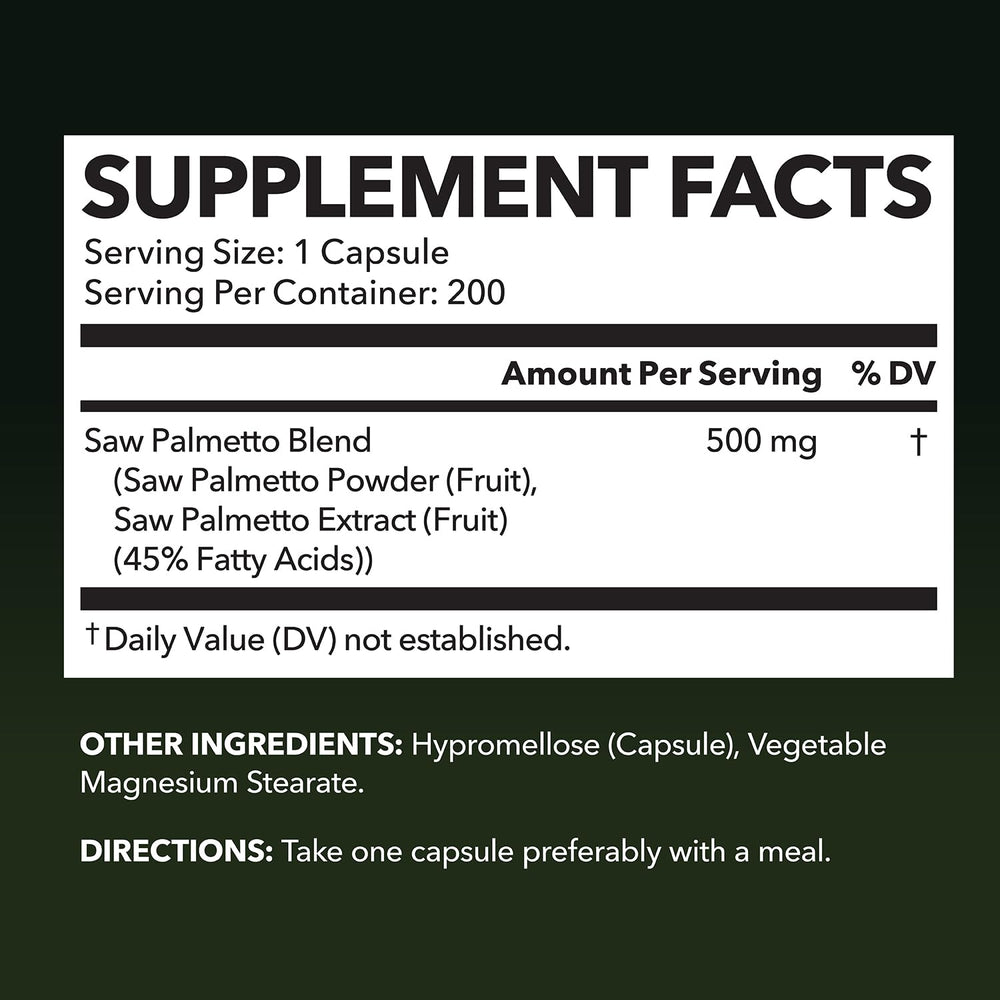 HAVASU NUTRITION Saw Palmetto bottle back details 500 mg per serving and vegan, non-GMO formula.
