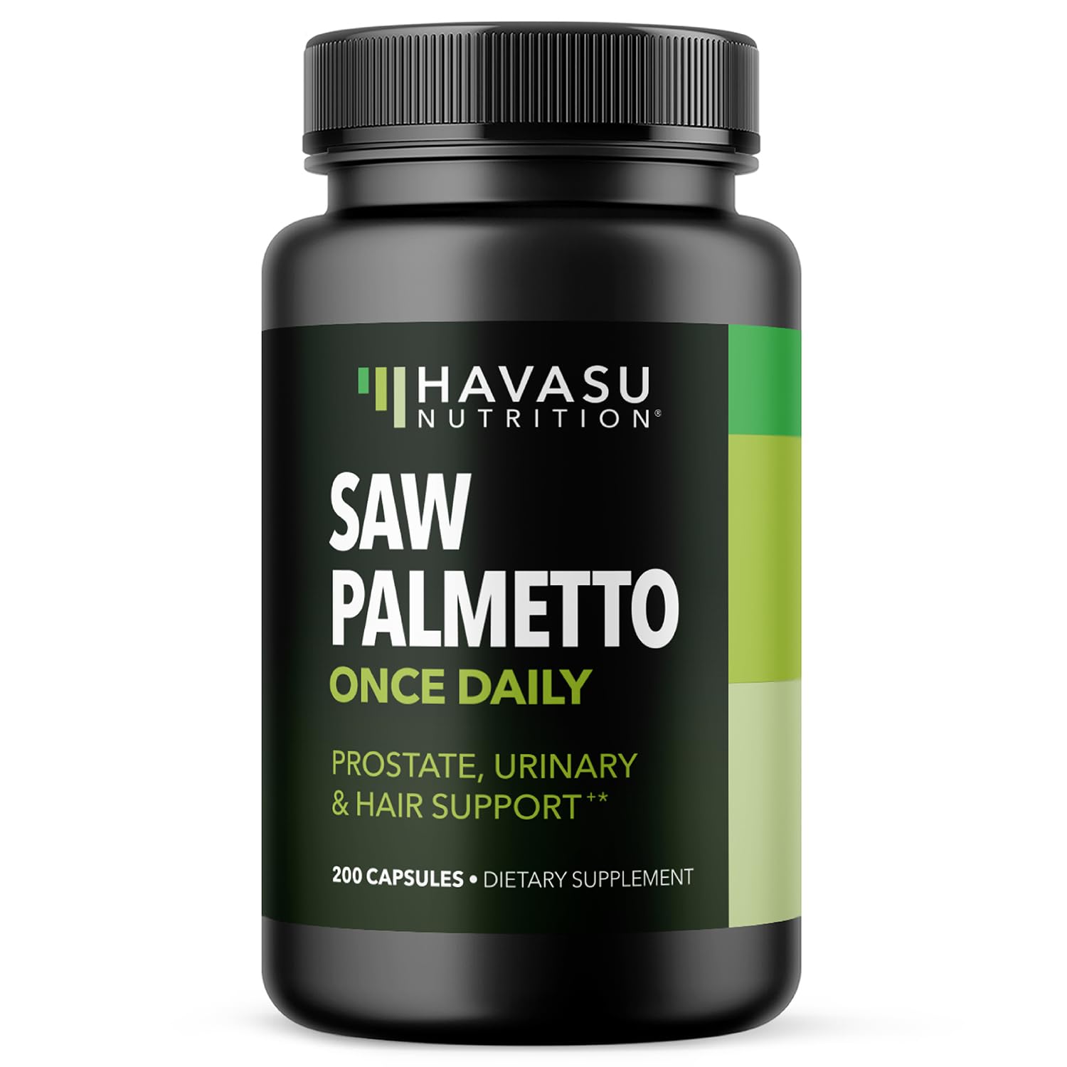 HAVASU NUTRITION Saw Palmetto bottle front shows daily prostate support in vegan capsules.