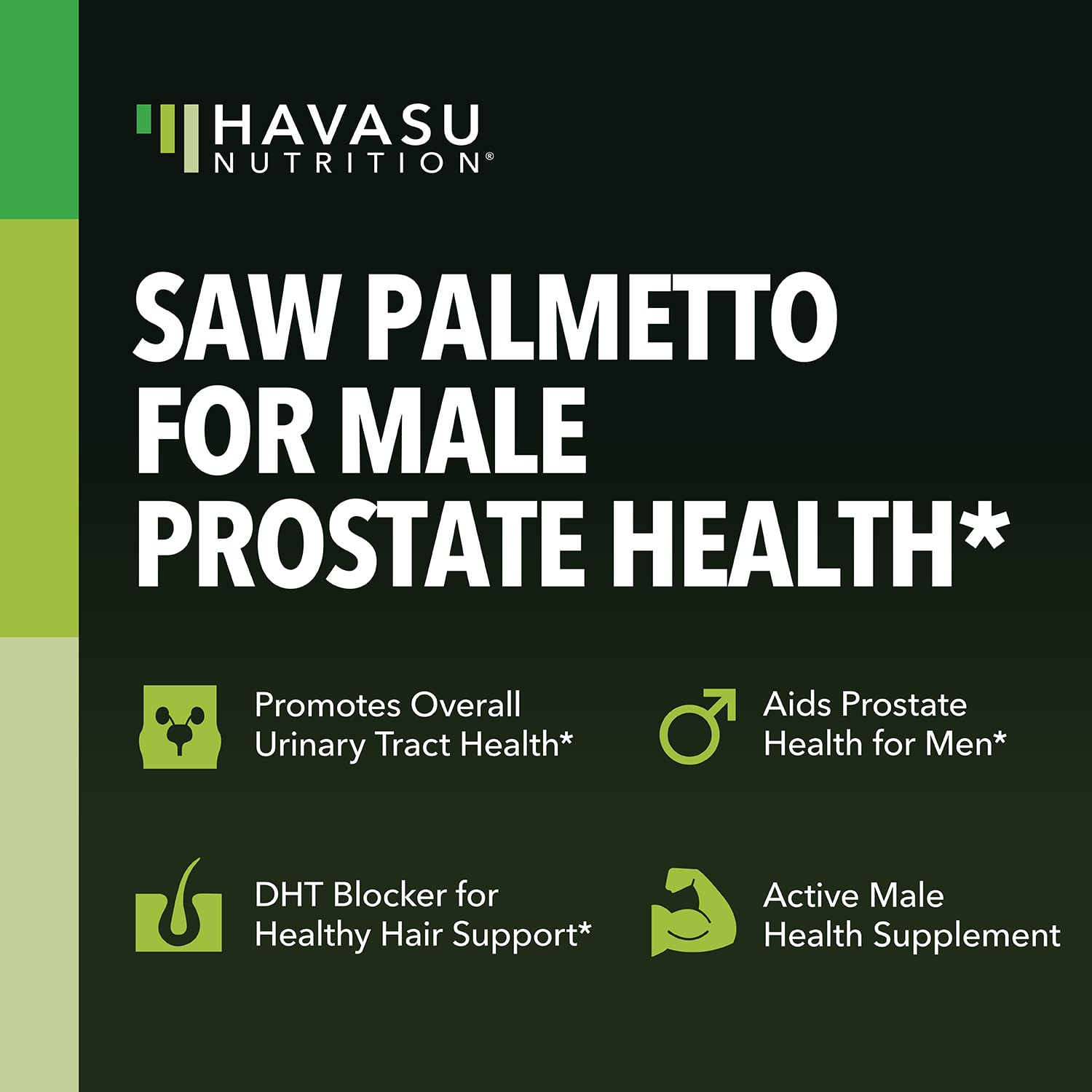 HAVASU NUTRITION Saw Palmetto capsules closeup highlights compact daily-dose capsules.