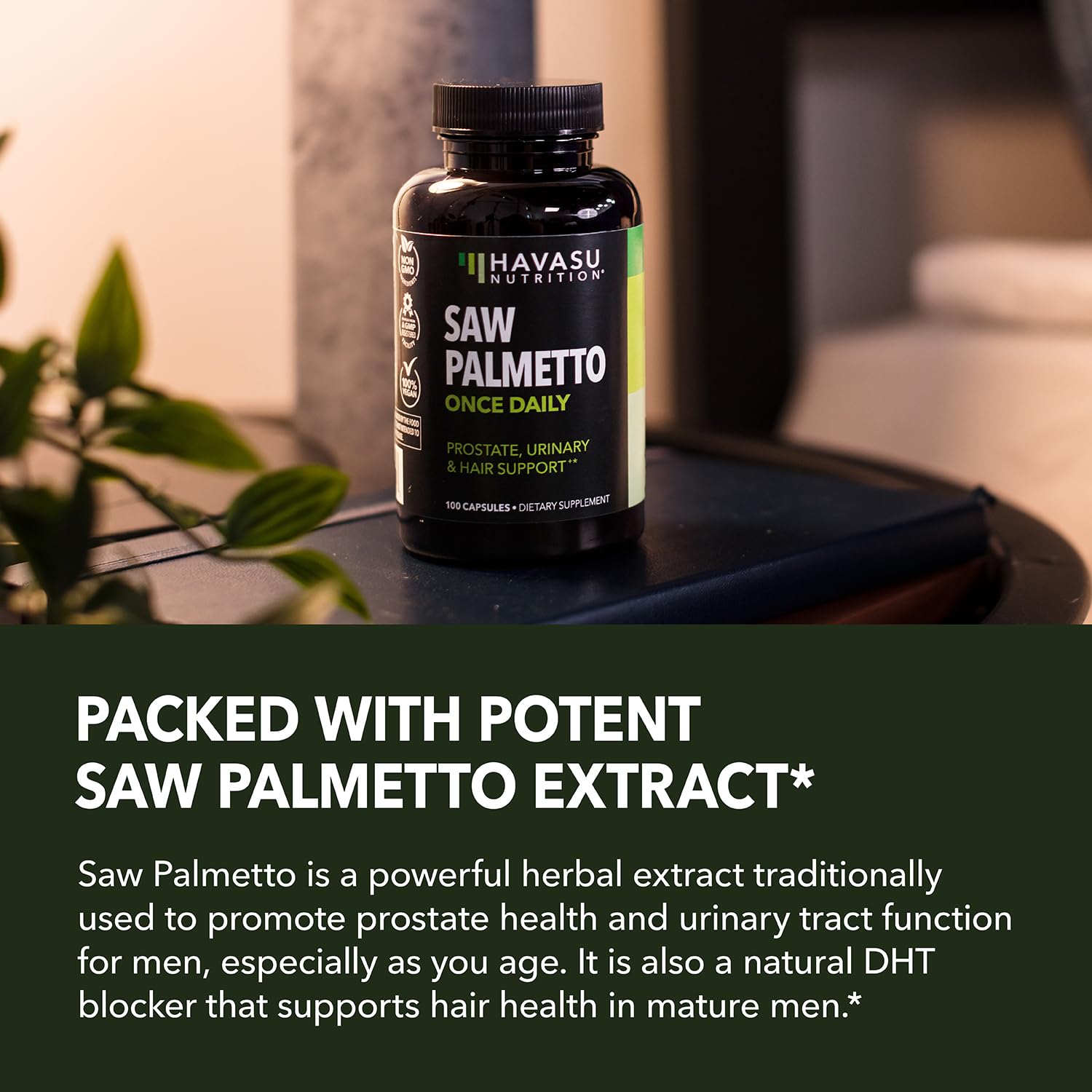 HAVASU NUTRITION Saw Palmetto daily-dose closeup emphasizes one-capsule-a-day routine.