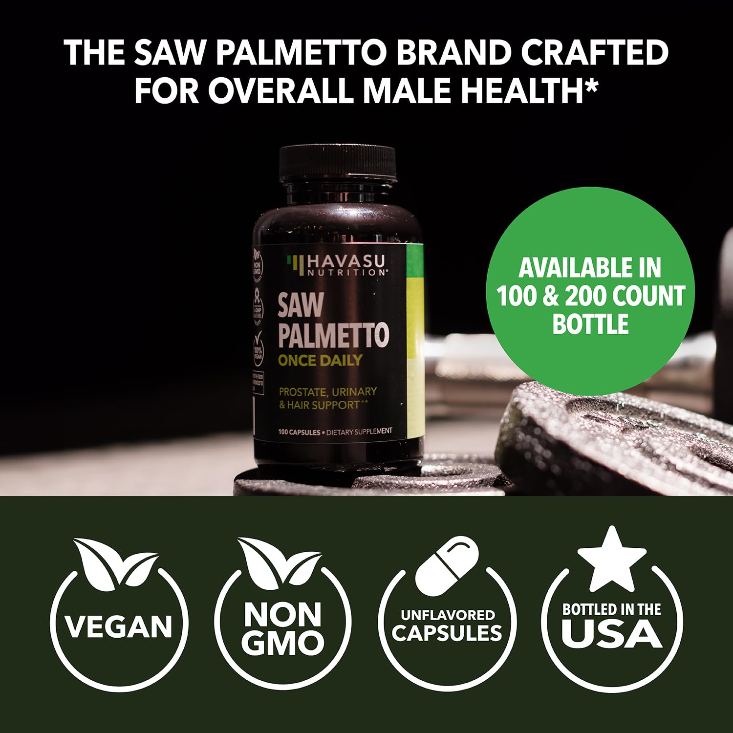 HAVASU NUTRITION Saw Palmetto eco-friendly packaging highlights vegan, non-GMO promise.