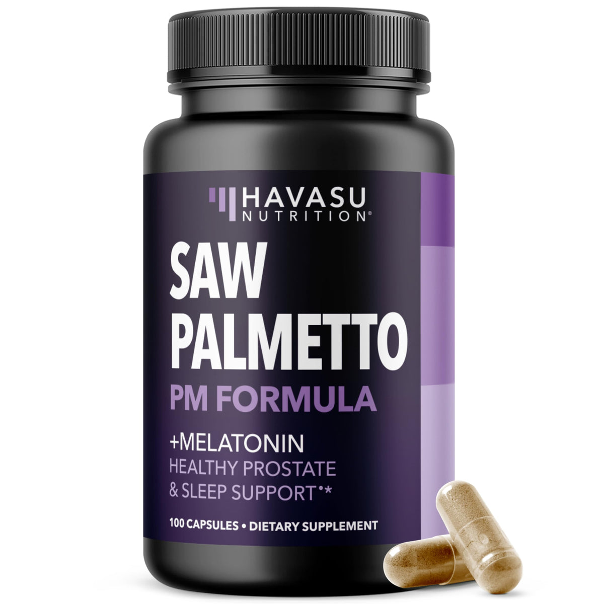 HAVASU NUTRITION Saw Palmetto PM bottle prioritizes a peaceful night routine.