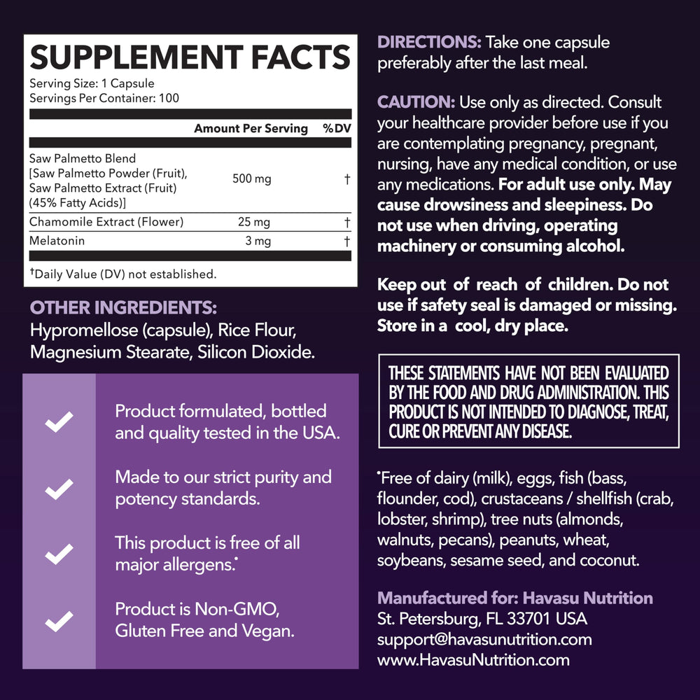 HAVASU NUTRITION Saw Palmetto PM label highlights melatonin and chamomile benefits for sleep.